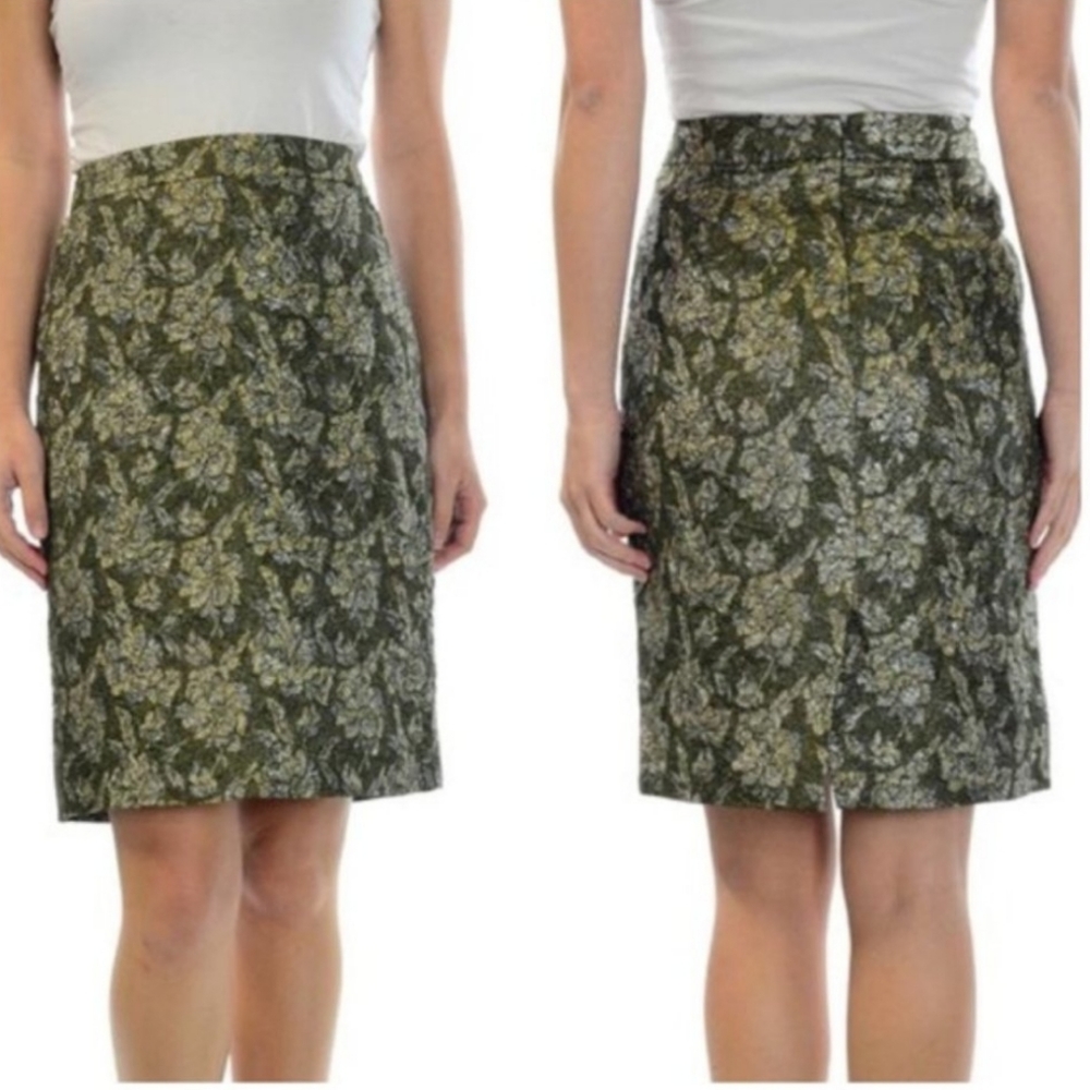 J. Crew Green Crushed Metallic Jacquard Pencil Skirt
